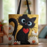 Sac Artisanal “Chat Noir avec Cœur et Marguerites”